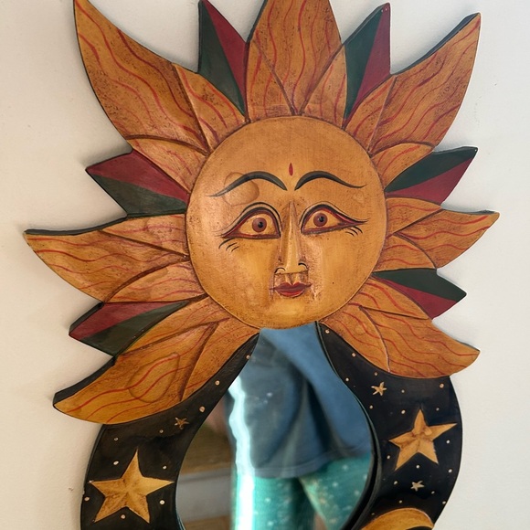 Vintage Sun & Moon Celestial Wooden Mirror with Stars Handpainted 23"X11.5" - Picture 12 of 16